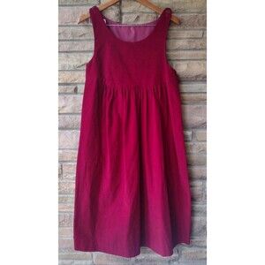 Vintage 70s Handmade Wine Corduroy Jumper Dress Satin Lined Bib Mid Calf Medium